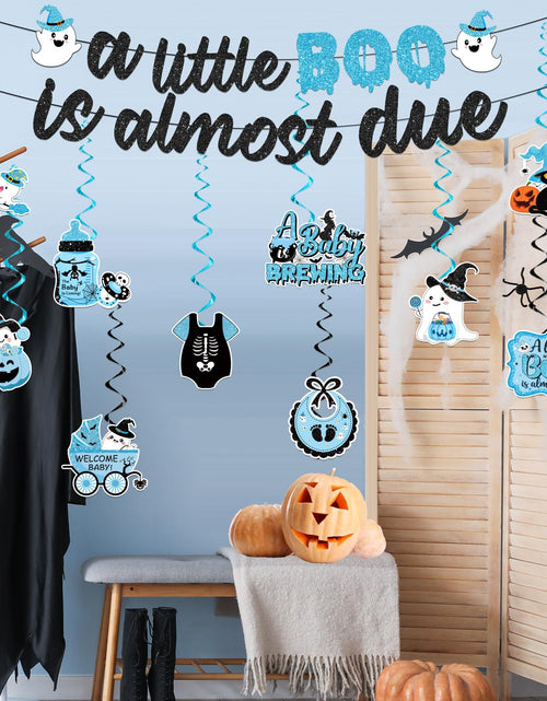 Load image into Gallery viewer, OGMOGKW Halloween Baby Shower Banner Blue A Little Boo Is Almost Due
