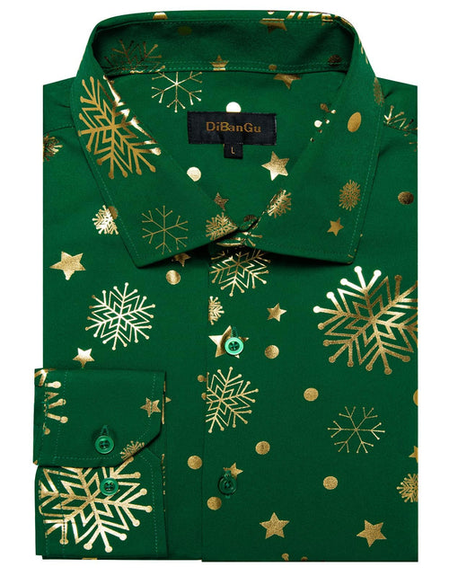 Load image into Gallery viewer, DiBanGu Mens Christmas Long Sleeve Button Down Shirt Green Gold Snowflake Size S
