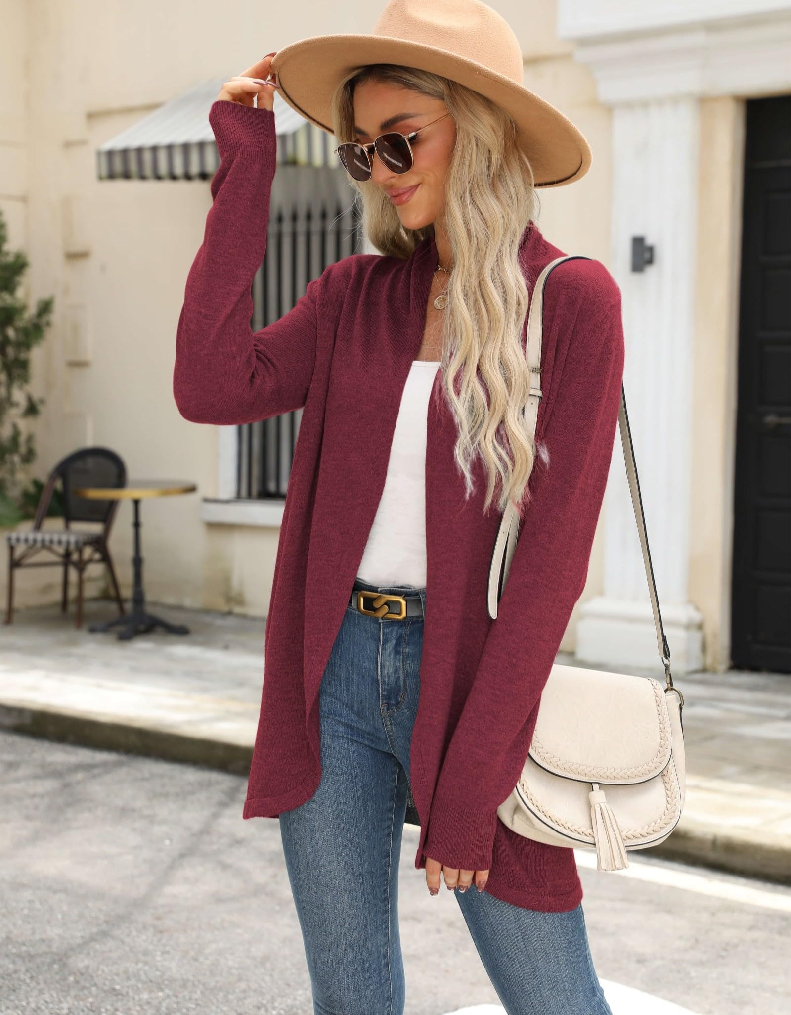 Vanfany Womens Lightweight Open Front Cardigan Knit Burgundy Size XL
