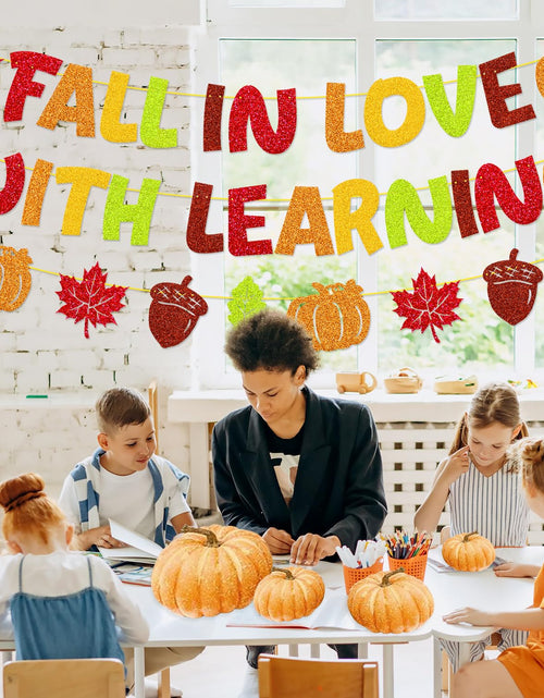 Load image into Gallery viewer, YWLACC Fall in Love with Learning Classroom Banner Autumn Leaves Pumpkin
