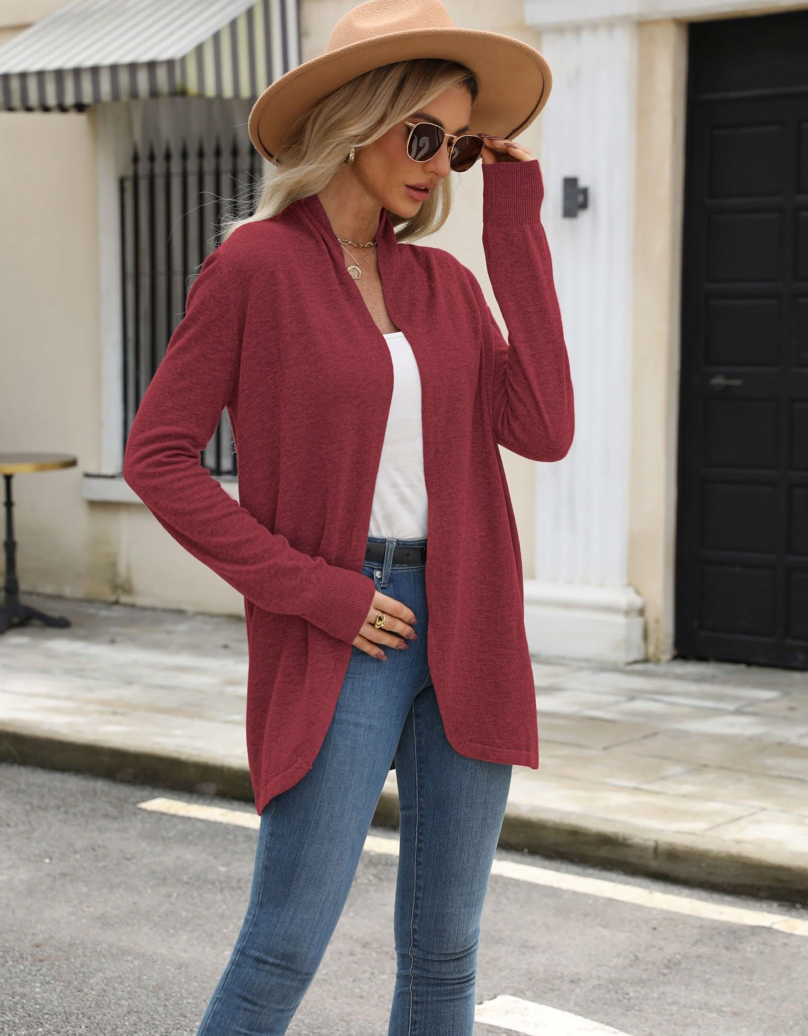 Vanfany Womens Lightweight Open Front Cardigan Knit Burgundy Size XL