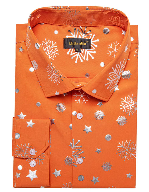 Load image into Gallery viewer, DiBanGu Mens Christmas Long Sleeve Button Down Shirt Orange Silver Size XX-Large
