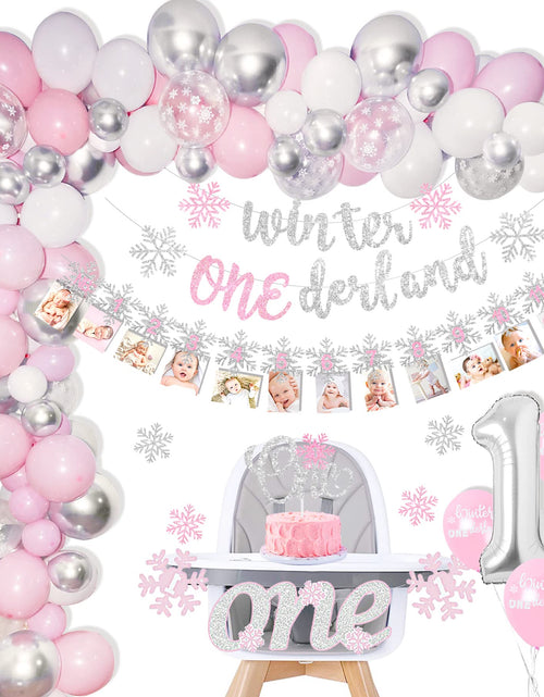 Load image into Gallery viewer, Shempeium Winter Onederland 1st Girl Banner Snowflake Pink Garland
