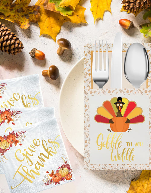 Load image into Gallery viewer, Qeqczow Thanksgiving Gold Foil Napkins &amp; Cutlery Holders Set 68 Pcs
