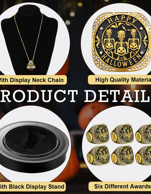 Load image into Gallery viewer, Highergo Halloween Skeleton Trophy Rings Set 6pcs with Neck Chain Stand
