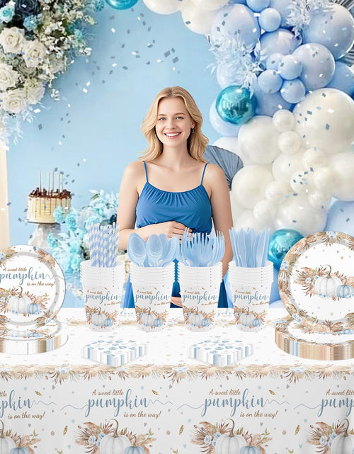 Load image into Gallery viewer, MEHOFOND Blue Pumpkin Baby Shower Party Supplies 193 Pcs Tableware Set
