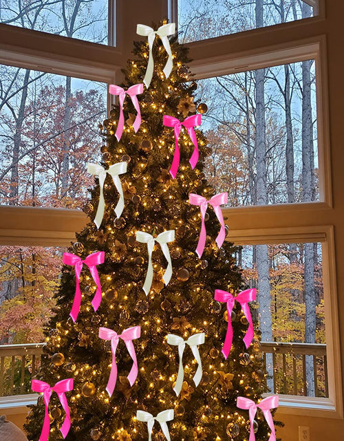 Load image into Gallery viewer, WISEgham Satin Ribbon Bows Christmas Tree Wreath Decor Pink Beige 24 Pc 8.1x9in
