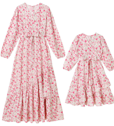 AWIBMK Mommy and Me Floral Boho A-Line V Neck Long Sleeve Dress Blue Pink Size L