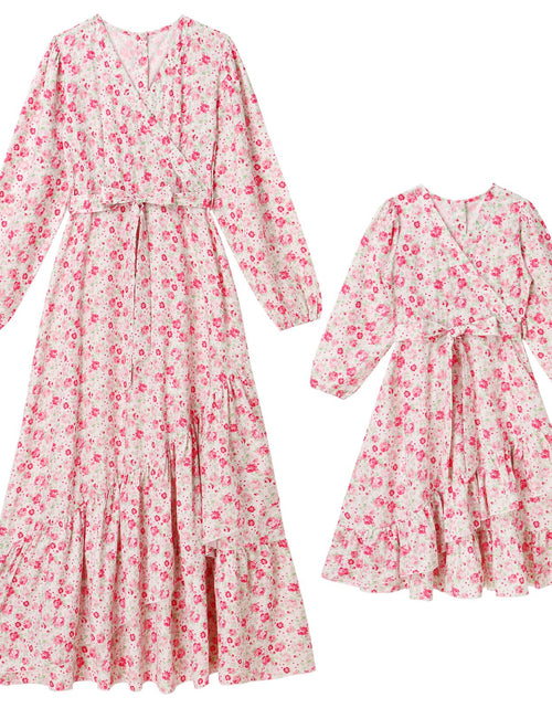 Load image into Gallery viewer, AWIBMK Mommy and Me Floral Boho A-Line V Neck Long Sleeve Dress Blue Pink Size L
