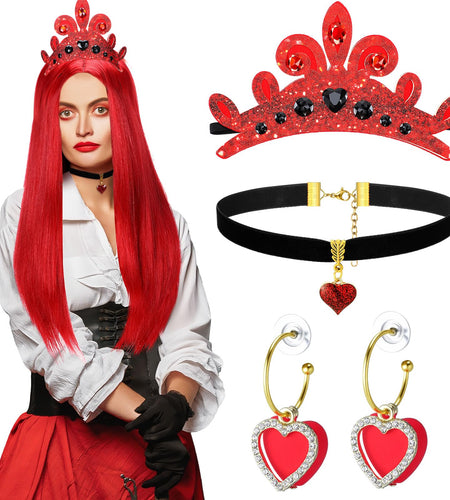 XunYee Halloween Queen Costume Set Red Wig Crown Choker Earrings 60x90cm