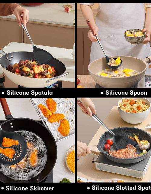 Load image into Gallery viewer, FJNATINH Silicone Spatula Turner Ladle Skimmer Set Stainless Steel Wood 4Pc
