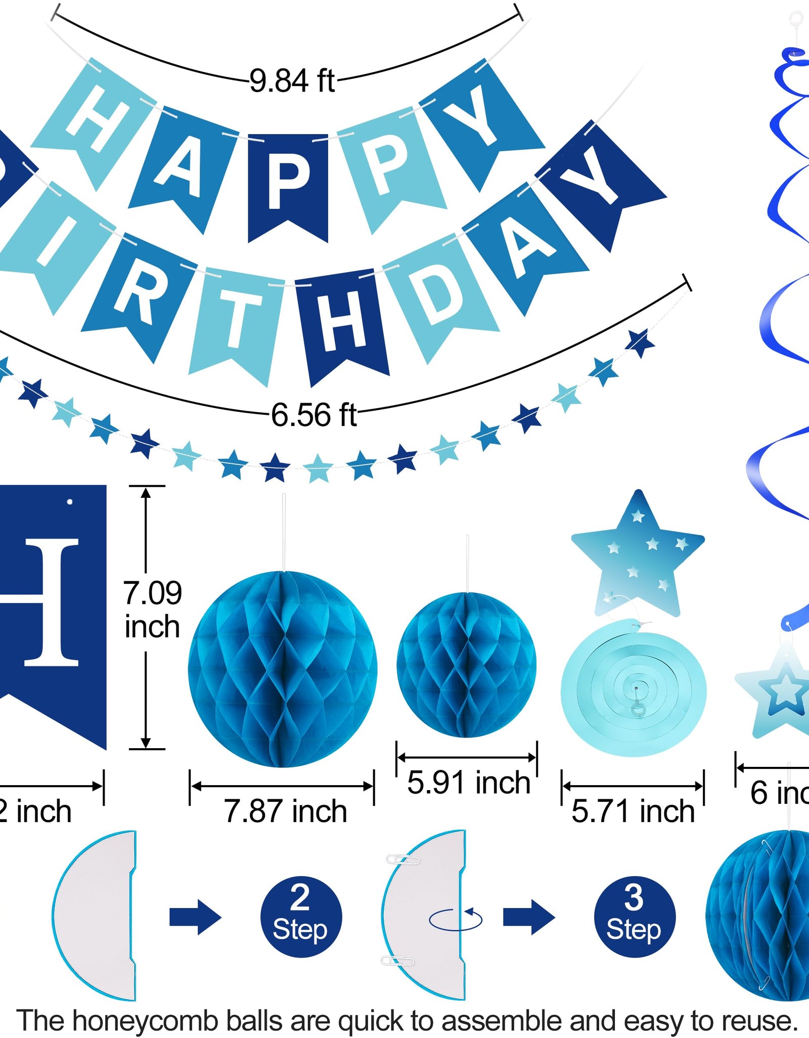 Crosize Blue Birthday Decorations Kit Pre-Strung Banner Tissue Poms Star Garland