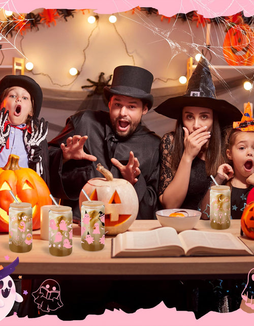 Load image into Gallery viewer, Acellegic Halloween Glass Cups 16oz Bamboo Lids Straws 12pcs White
