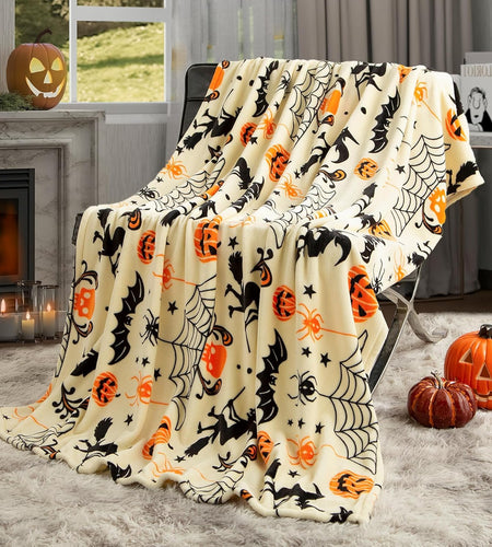 Generic Halloween Throw Blanket Witch Hat Spider Webs Cozy Flannel Multicolor