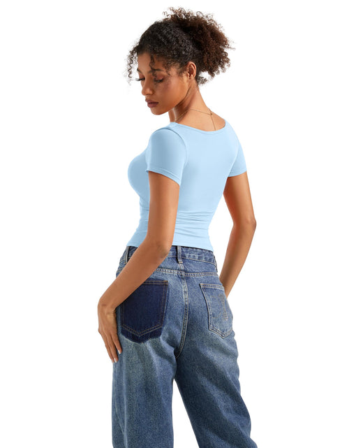 Load image into Gallery viewer, SUUKSESS Women Off Shoulder Cowl Neck Short Sleeve Top Light Blue Size M
