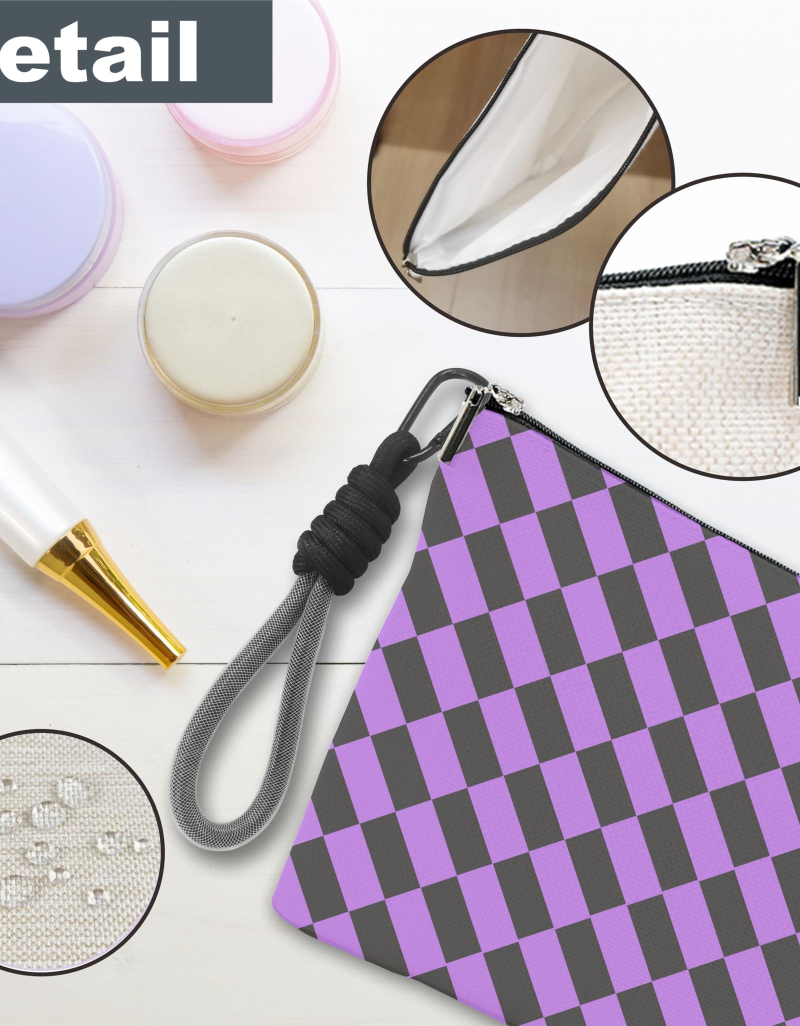 luixd Cosmetic Makeup Bag Travel Pouch Organizer Black Purple Checkerboard