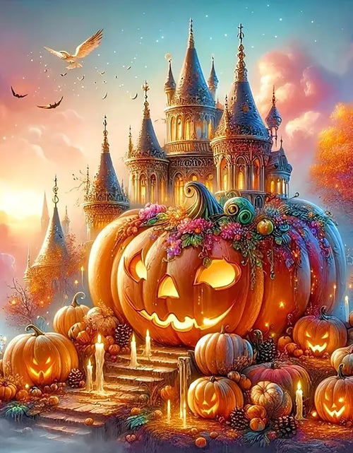 Load image into Gallery viewer, LKHMVCA Fall Pumpkin Castle Candle Diamond Painting Kit 13.8x13.8 Inch
