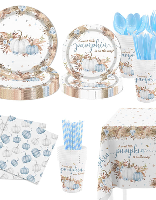 Load image into Gallery viewer, MEHOFOND Blue Pumpkin Baby Shower Party Supplies 193 Pcs Tableware Set
