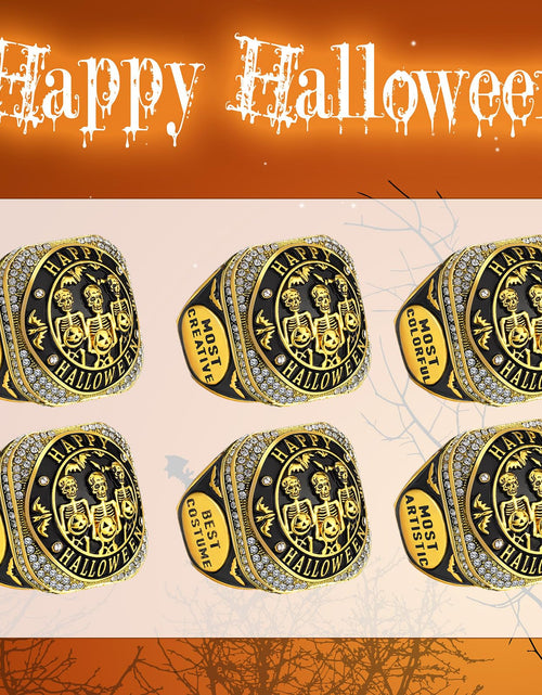Load image into Gallery viewer, Highergo Halloween Skeleton Trophy Rings Set 6pcs with Neck Chain Stand
