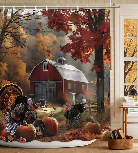 MEHOFOND Thanksgiving Waterproof Fabric Shower Curtain Red Barn 72x72 Inch