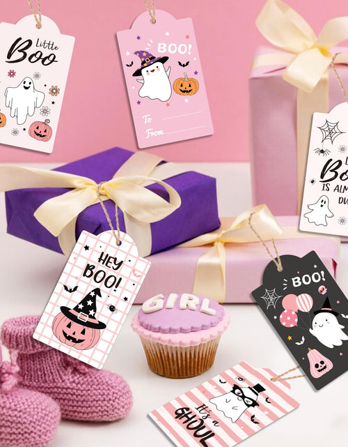 Load image into Gallery viewer, MOZUI Halloween Thank You Tags 60pcs Pink Black Ghost Pumpkin Kraft Paper
