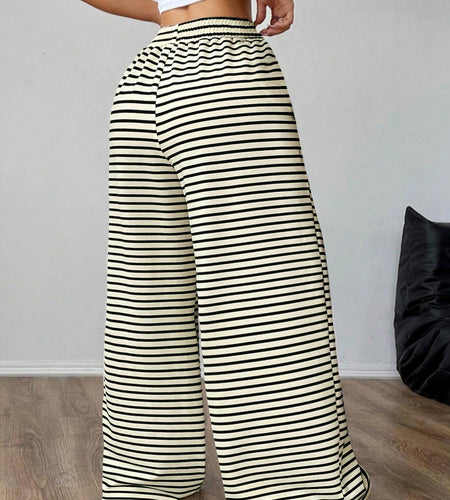 GUOLEZEEV Women Lounge Pants Elastic Waist Striped Y2K Sleepwear Black Apricot L