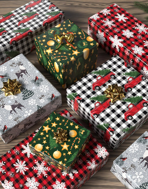Load image into Gallery viewer, GIOLNIAY Christmas Wrapping Paper Snowflakes Red Black Plaid 28x40 4 Sheets
