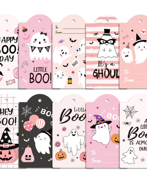 Load image into Gallery viewer, MOZUI Halloween Thank You Tags 60pcs Pink Black Ghost Pumpkin Kraft Paper
