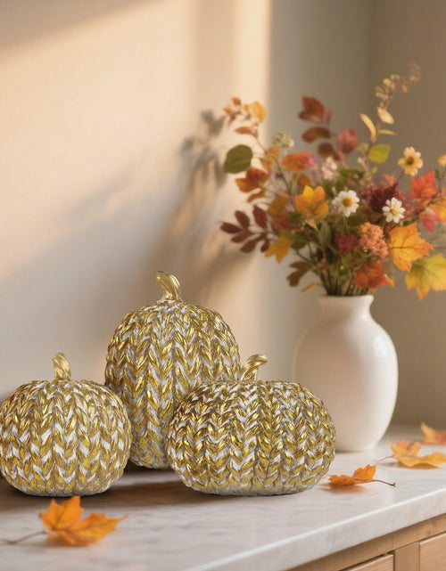 Load image into Gallery viewer, winemana Fall Decorations Set of 3 Gold White Resin Pumpkins Woven Design
