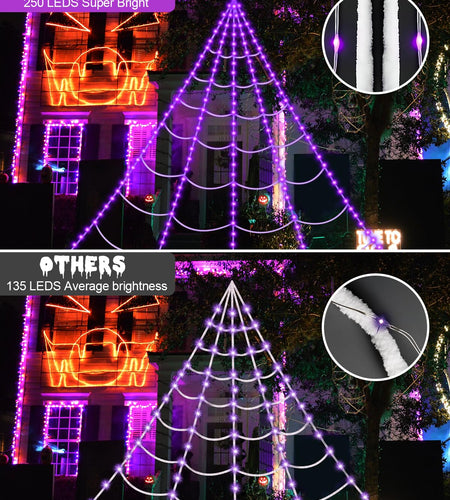 ECOHDT Brighter Spider Webs Halloween Lights 250 Purple LED 16.4Ft 8 Modes