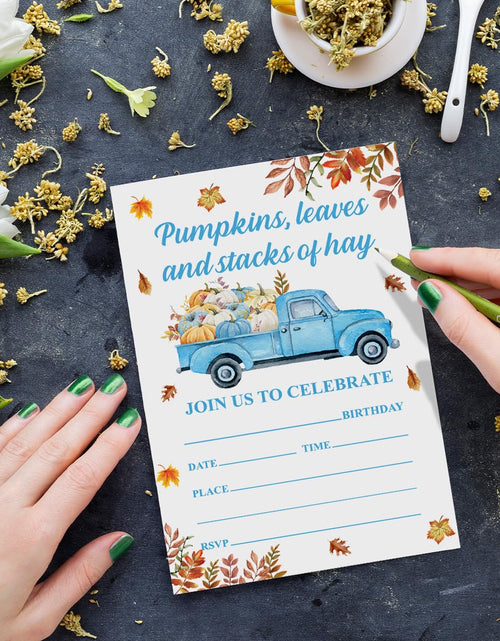 Load image into Gallery viewer, YGRBXJZD Fall Pumpkin Birthday Invitations Blue Truck 4x6 20 Sets Colorful
