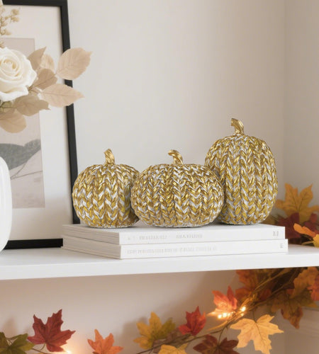 winemana Fall Decorations Set of 3 Gold White Resin Pumpkins Woven Design