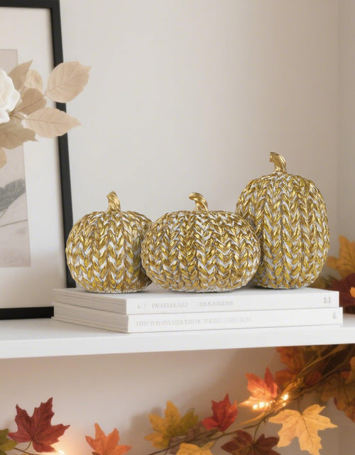 Load image into Gallery viewer, winemana Fall Decorations Set of 3 Gold White Resin Pumpkins Woven Design
