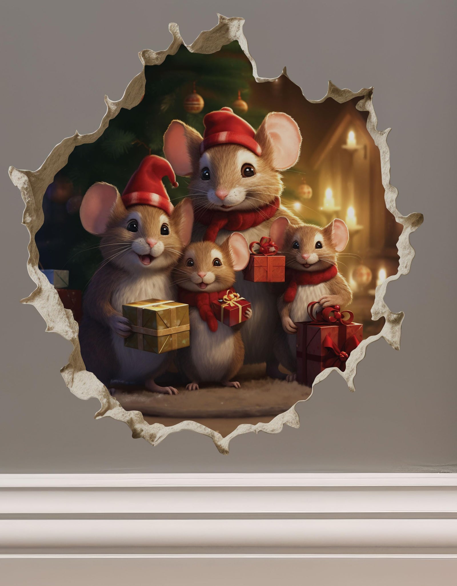 My Wonderful Walls Christmas Family Mouse Hole Decal 3D Effect 5x5 Multi