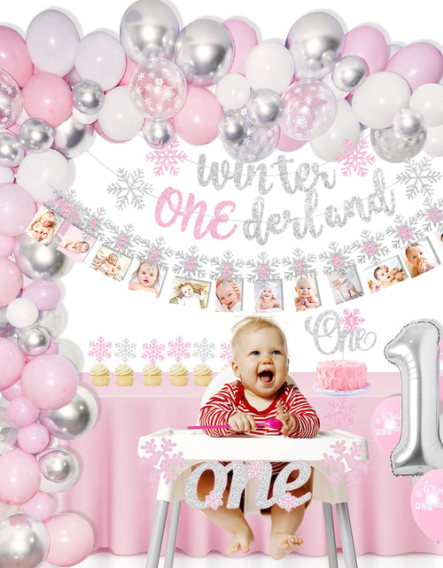 Load image into Gallery viewer, Shempeium Winter Onederland 1st Girl Banner Snowflake Pink Garland
