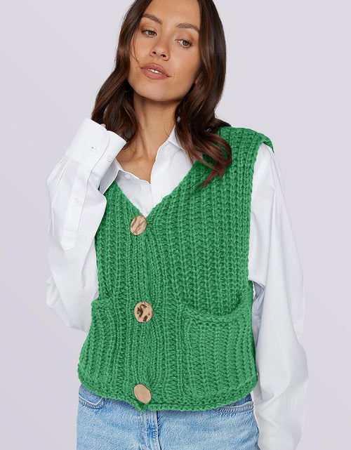 Load image into Gallery viewer, UEU Women's V Neck Crochet Sweater Vest Sleeveless Cardigan Green Size M

