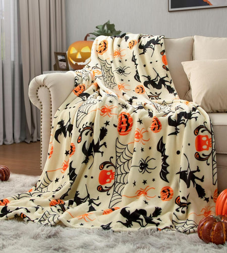 Generic Halloween Throw Blanket Witch Hat Spider Webs Cozy Flannel Multicolor