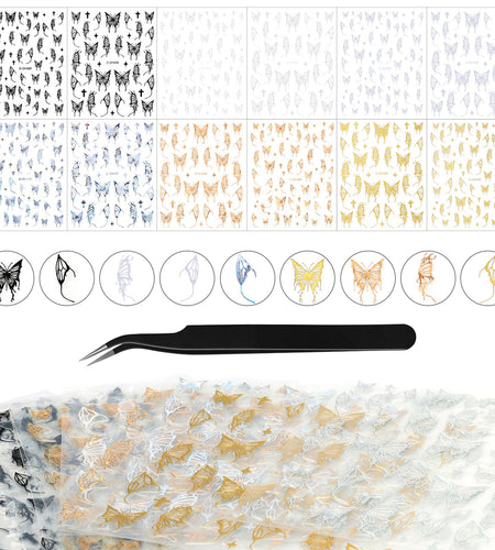 Kikonoke 12 Sheets Laser Butterfly Nail Stickers White Silver Gold 3D Decals