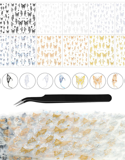 Load image into Gallery viewer, Kikonoke 12 Sheets Laser Butterfly Nail Stickers White Silver Gold 3D Decals
