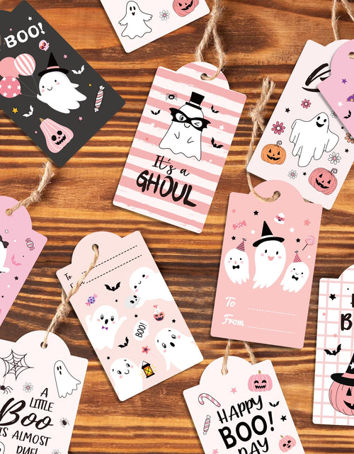 Load image into Gallery viewer, MOZUI Halloween Thank You Tags 60pcs Pink Black Ghost Pumpkin Kraft Paper
