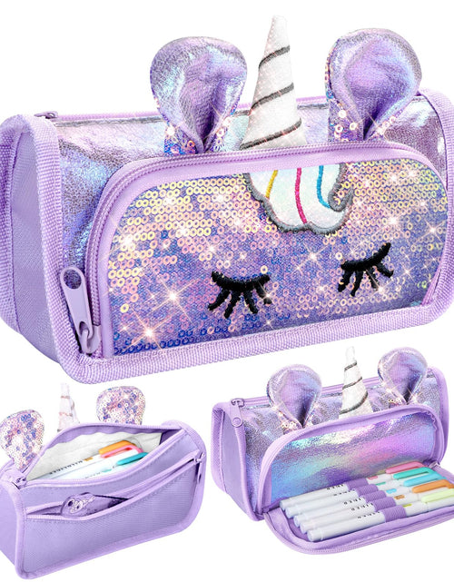 Load image into Gallery viewer, LISEVO 3D Sparkly Pencil Case Purple Cute Sequin Pencil Pouch Girls Kids
