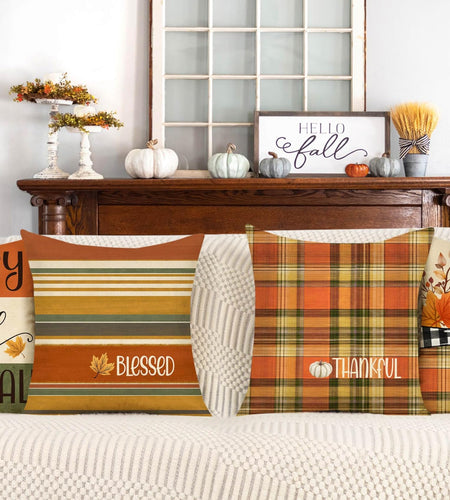 4TH Emotion Fall Pillow Covers 18x18 White Pumpkin Check Set of 4