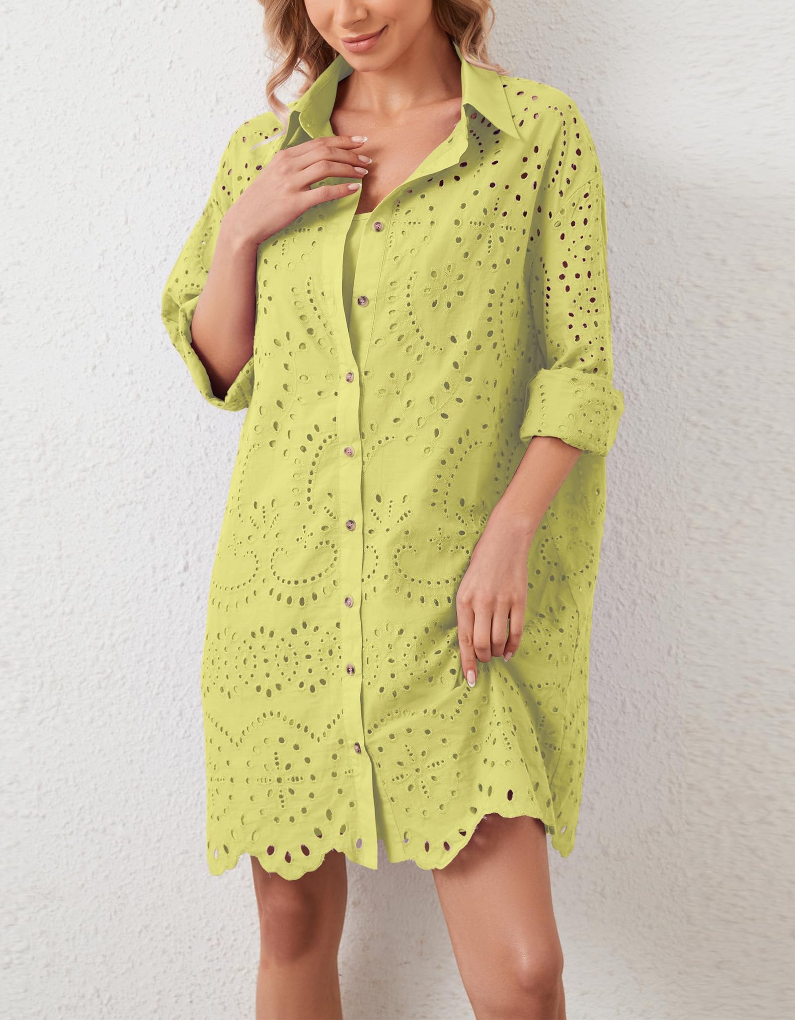 AIHUKOCY Women Hollow Out Button Down V Neck Long Sleeve Mini Dress Yellow M