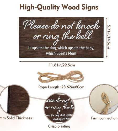 YEWANG Do Not Ring Doorbell Sign Wooden 12x6 Inch Brown with Ropes