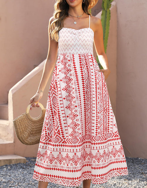 Load image into Gallery viewer, Gardenwed Women's Floral Maxi Dress Spaghetti Strap Smocked Bodice Red Size L
