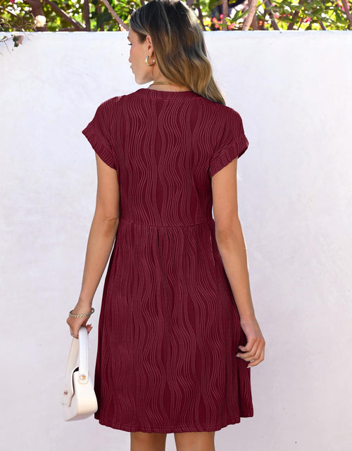 Load image into Gallery viewer, ANRABESS Womens Summer V Neck Cap Sleeve Tunic Dress Wine Red Size L
