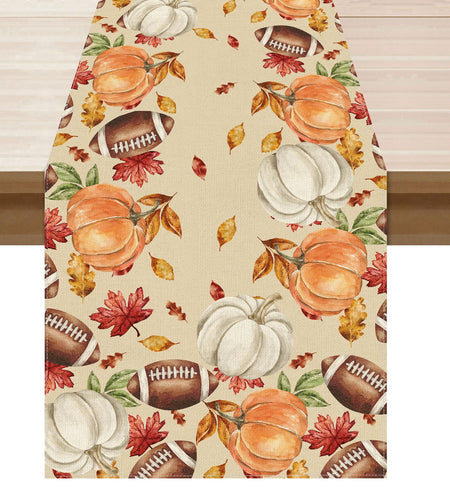 XCHI Fall Football Pumpkin Maple Leaves Table Runner Colored 13x108 Inch