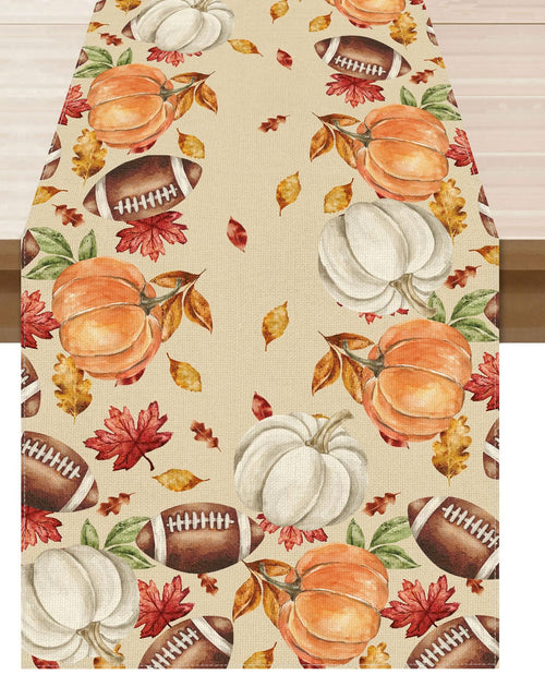 Load image into Gallery viewer, XCHI Fall Football Pumpkin Maple Leaves Table Runner Colored 13x108 Inch
