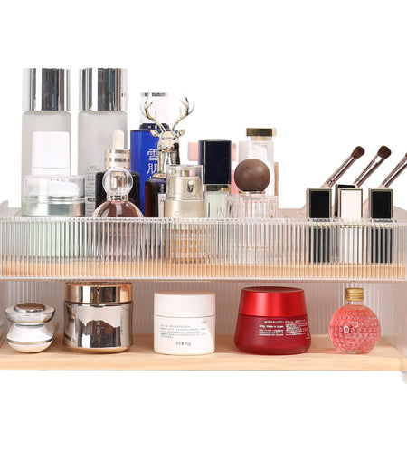 KAOTGOT Pine Wood Acrylic Makeup Organizer with Brush & Lipstick Holder