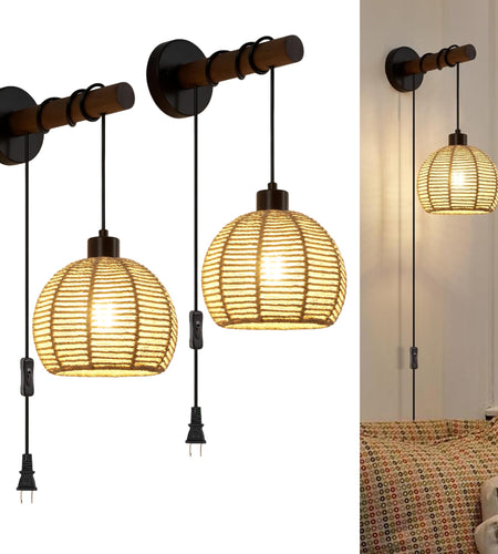 SGLfarmty Boho Rattan Plug-in Wall Sconces Set of 2 Rustic Hemp Rope